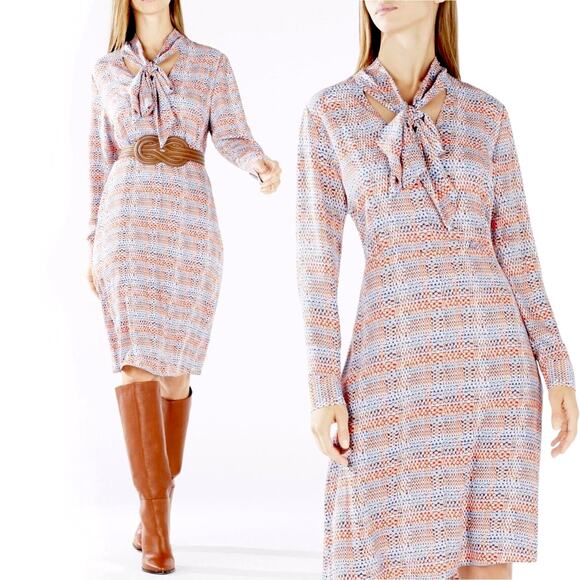 BCBGMAXAZRIA Tie Neck Sheath Cocktail Dress Work Midi Alicha Career Plaid Orange - Picture 1 of 14